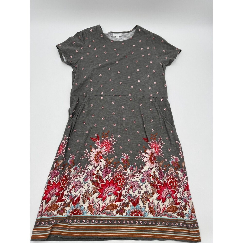 J. Jill Midi Shirt Dress Women's Medium Gray Ditsy Floral 100% Cotton Pockets